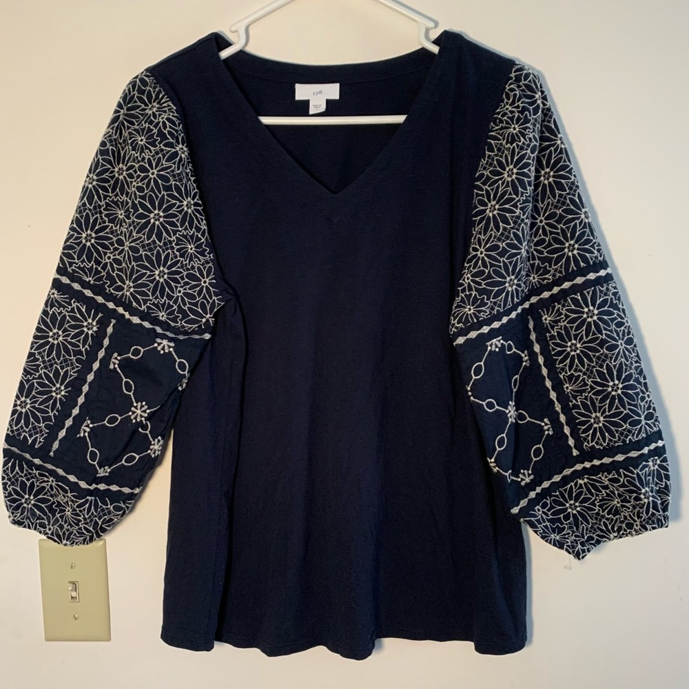 J. Jill Medium Navy & White Mixed-media Embroidered-sleeve Top NWOT